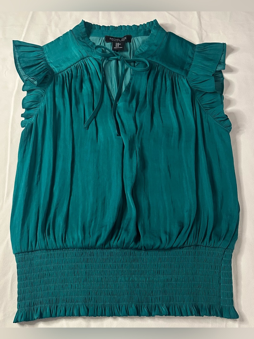 Librariancore Rachel Zoe Green Ruffle Tie Neck Smock Hem Blouse dark academia M